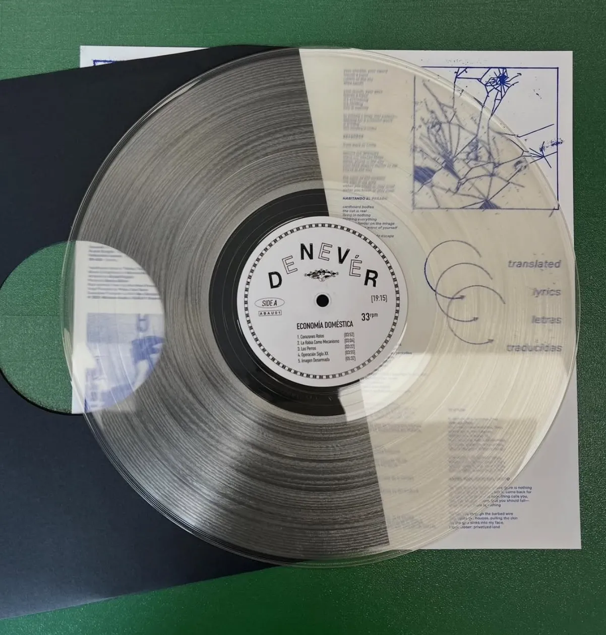 Split black and transparent vinyl edition of Economía Doméstica by Denevér