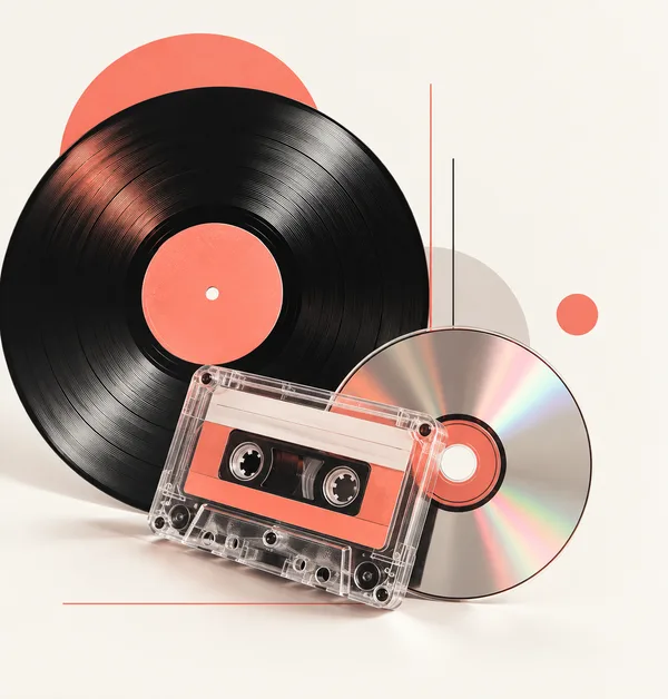 Vinyl record, CD and transparent cassette with coral accents — Press Your Beat format combinations
