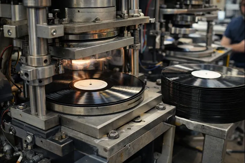 Vinyl records being pressed at a European pressing plant