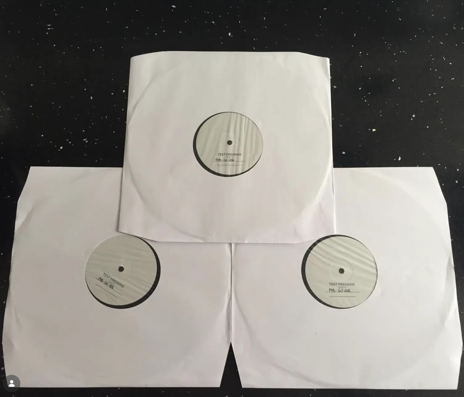 Three vinyl test pressings prepared for approval at Press Your Beat